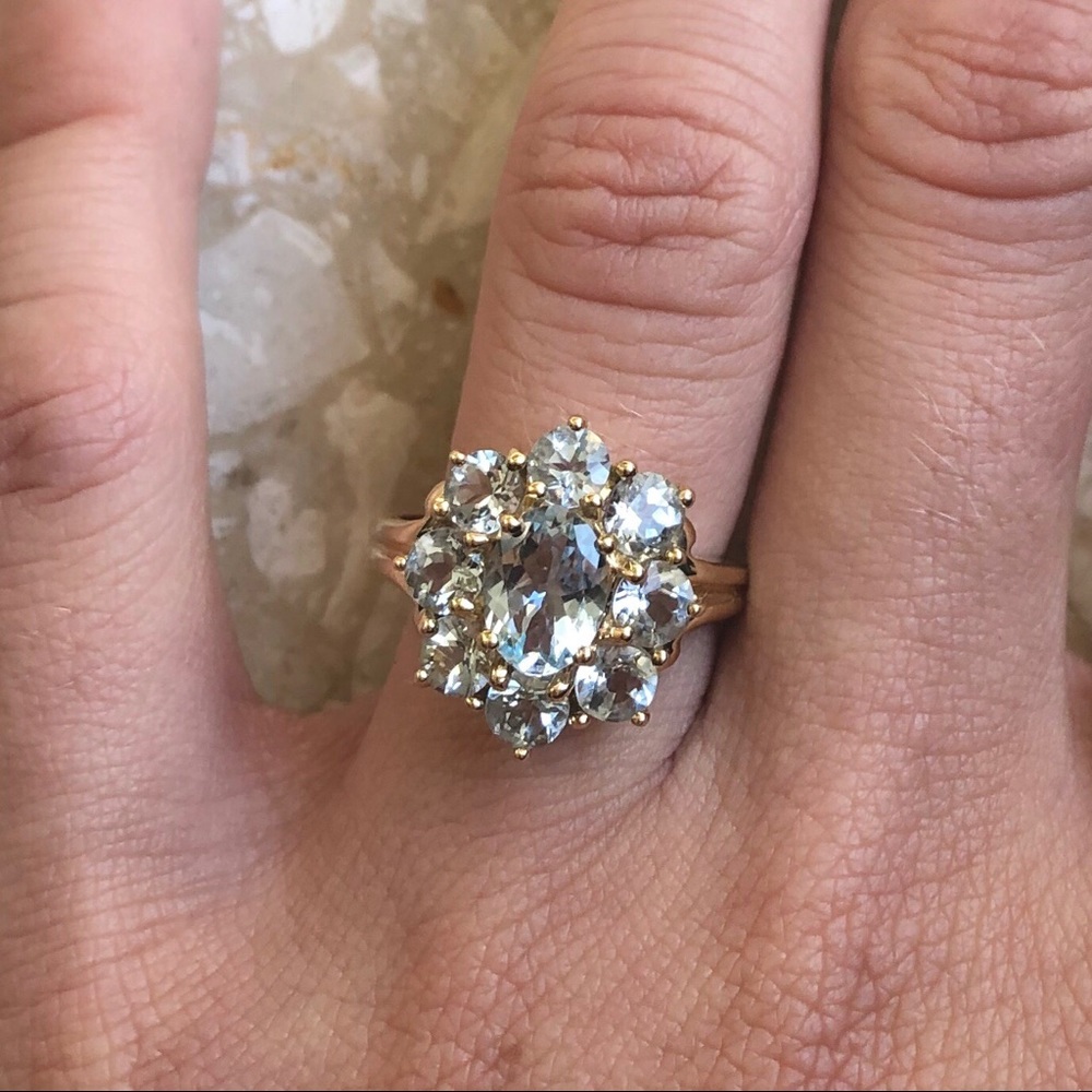 Aquamarine Halo Yellow Gold Ring Flower Motif